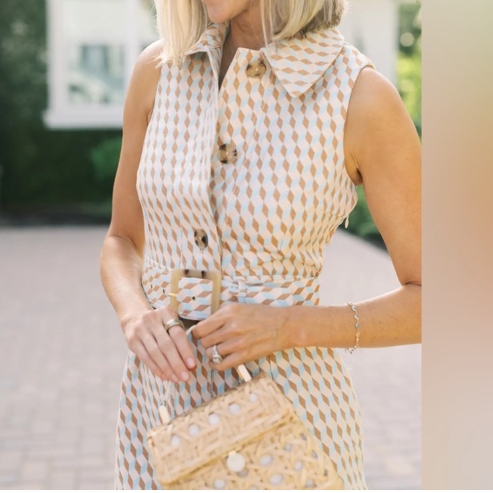 Tuckernuck Beige and White Geometric Midi Shirt Dress